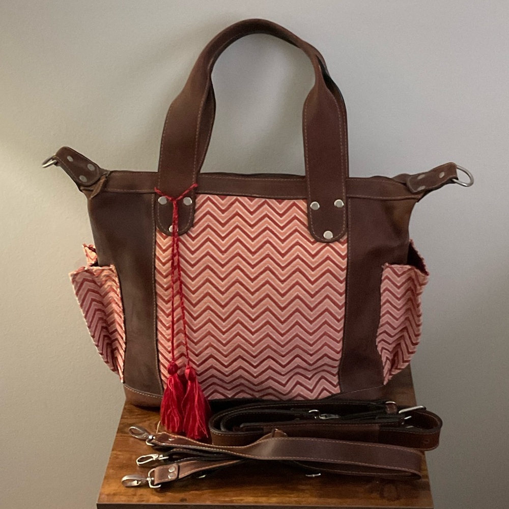Chevron Patterned Tote in Pink and Brown Convertible Leather backpack